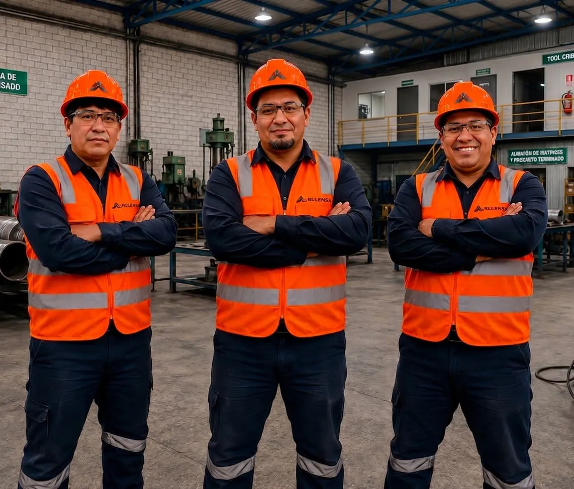 Tres técnicos de Arllensa con casco y chaleco naranja dentro de una planta industrial